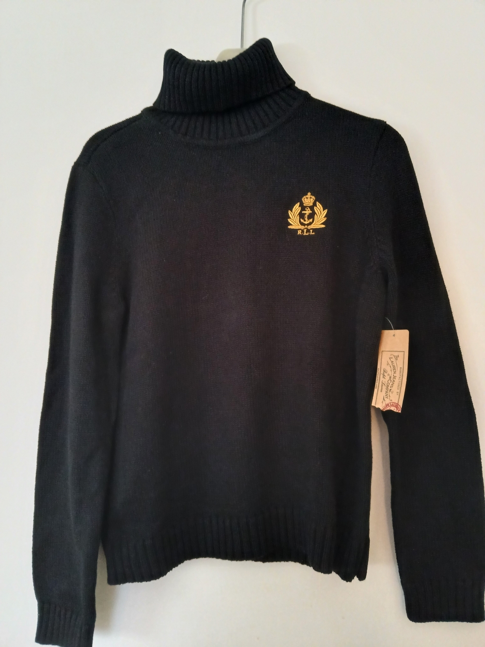 Ralph Lauren Black Turtleneck Sweater with Gold Crest Emblem